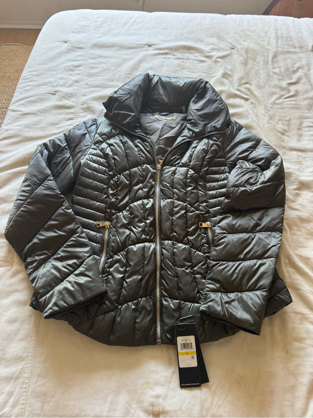 Karl Lagerfeld Quilted Puffer Jacket in Dark Gray with Gold Hardware
